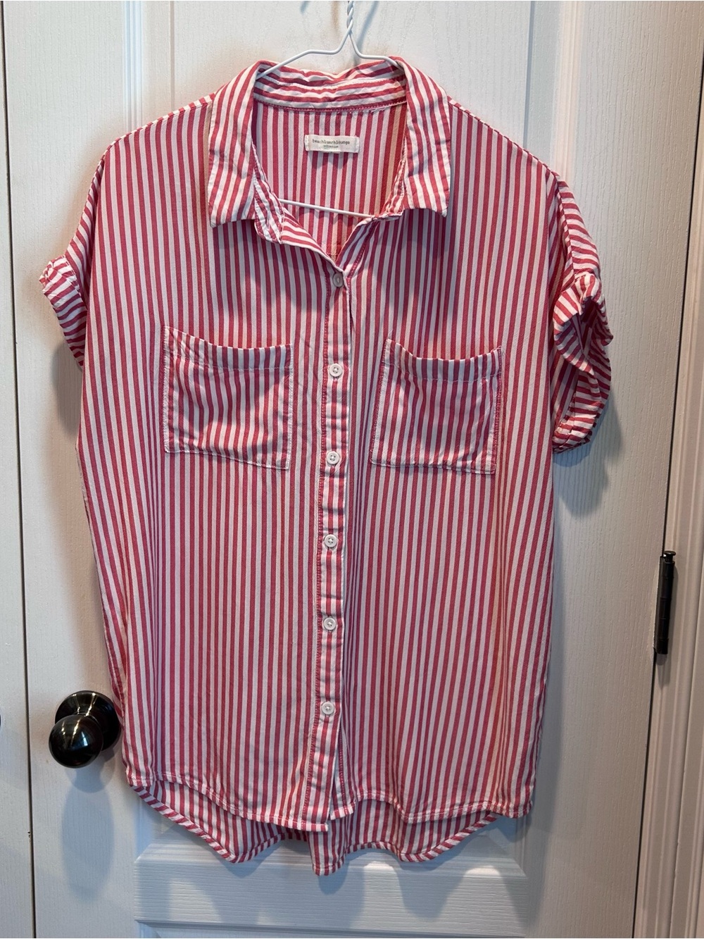 BeachLunchLounge Women's Watermelon & White Striped Button Up Short Sleeve MDTop